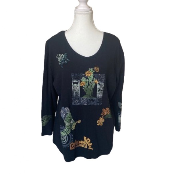 Cactus Black Long Sleeve Tee with Artistic Graphics - Picture 1 of 16